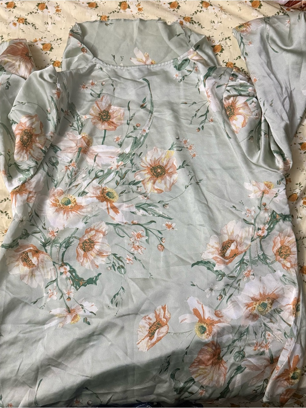 Floral Puff-Sleeve Blouse in Sage Green
